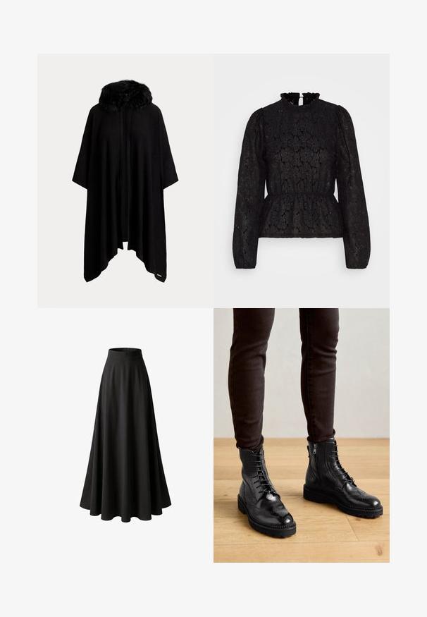 Poncho noir avec un col en fourrure, présentant un design ample et fluide, et une ouverture sur le devant. Texture douce et manches mi-longues.; Pieces PCJANESSA - T-shirt à manches longues - black; Longue jupe noire taille haute avec un large ourlet évasé et un tissu lisse, affichée sur fond blanc.; Bottines en cuir noir avec des détails de brogue, un laçage à l'avant, des fermetures éclair sur les côtés et des semelles en caoutchouc texturé. Associées à un pantalon slim noir.