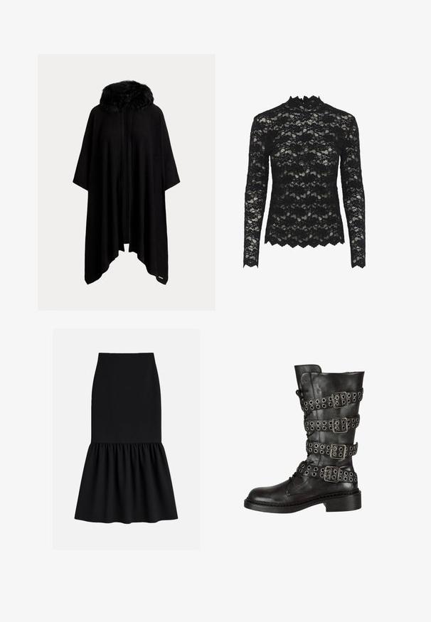 Sort poncho med krave i pelskant, der har et løst, svævende design og en åben front. Blød tekstur og 3/4-ærmer.; Sort blonde langærmet top med høj krave, blomster mønster, scalloped kanter og transparent tekstur.; Sort midi-nederdel lavet af strækbart stof, med en tætsiddende talje og en udvidet, rynket bund med en glat tekstur.; Sorte læder knæhøje støvler med flere sølv spænder og hægter, med en afrundet tå og en lav blokhæl. Struktureret finish.