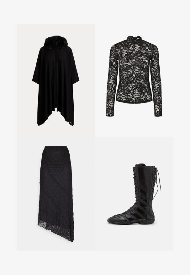 Sort poncho med krave i pelskant, der har et løst, svævende design og en åben front. Blød tekstur og 3/4-ærmer.; Sort blonde top med lange ærmer, der har en høj hals med flæsedetaljer, blomsterprint og en gennemsigtig tekstur. Designet til en tætsiddende silhuet.; ONLY ONLKIM SLIT - Maxinederdele - black; Sorte høje støvler lavet af skinnende syntetisk materiale, med et komplikere snøredesign og diagonale stribe-detaljer på siderne.