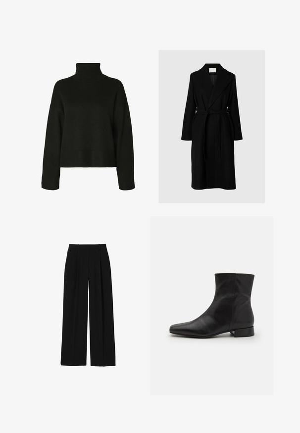 Lang sort slå-om frakke med brede revers og et stofbælte bundet i taljen, vist på en neutral baggrund.; Sort rullekrave sweater lavet af strikket stof. Har lange ærmer, almindelig skuldersøm og ribbede kanter og manchetter for tekstur.; Sorte bukser med høj talje og vidde i benene med bæltestropper og forreste presninger, vist på hvid baggrund.; Sort læder ankelstøvle med spids tå, glat tekstur, minimalistisk design og en lav blokhæl. Sidelukning går op til anklen.