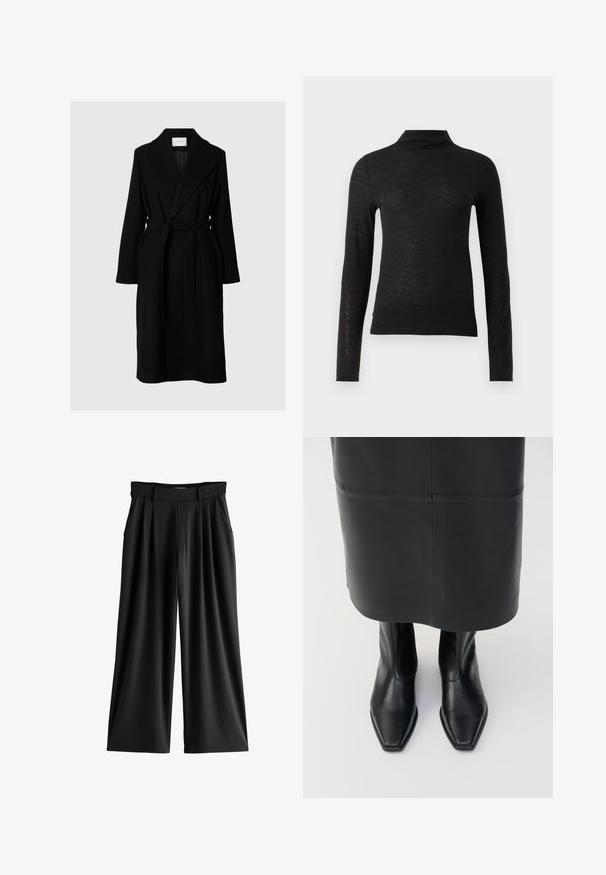 Dlhý čierny zavinovací kabát so širokými klopami a látkovým opaskom zviazaným v páse, zobrazený na neutrálnom pozadí.; Čierny dlhý rukáv turtleneck top vyrobený z textúrovanej látky, charakterizovaný slim fit strihom a minimalistickým dizajnom bez viditeľných vzorov alebo kovových doplnkov.; Čierne široké nohavice s skladmi, bočnými vreckami a pásom s pútkami na opasok.; Čierne kožené vysoké členkové topánky so štvorcovým špičkou a bočným zipsom. Hladká textúra a minimalizované prvky; kombinované s čiernou koženou sukňou.
