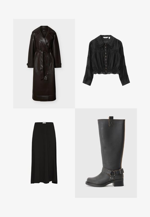 Donkerbruine lange leren trenchcoat met brede revers, dubbele rij knopen, ceintuurnaad en manchettenbandjes, getoond op een witte achtergrond.; Zwarte cropped blouse met een kraag, voorzien van kantdetails, knoopsluiting en een Gathering tailleband. Lange mouwen met kanten randaccenten.; Zwarte knielange rok van zacht materiaal met een gladde textuur, voorzien van een elastische tailleband en een vloeiende silhouette.; Zwarte leren knie- hoog laars met een gestructureerde afwerking, voorzien van een zijgesp accent en een lage hak. Gedetailleerde stiksels langs de naden.