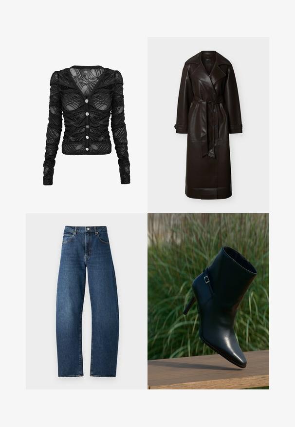 Mørkebrun lang læder trenchcoat med brede slag, dobbeltradede knapper, bælte i taljen og manchetstropper, vist på en hvid baggrund.; Sort langærmet cardigan lavet af gennemsigtig blonde med rynkede detaljer, med V-hals og seks sølvfarvede knapper foran.; Blå denimjeans med høj talje, lige ben design, synlige syninger, fem lommer og knaplukning. Klassisk mørk vask finish.; Sort læderankelstøvle med spids tå, stablet hæl, skinnende tekstur og en dekorativ rem med en sølvspænde.