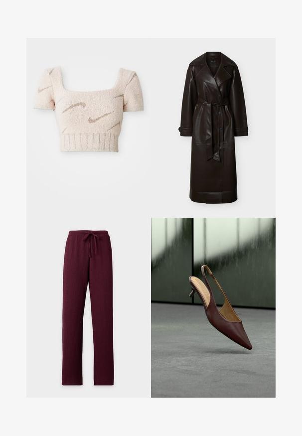 Donkerbruine lange leren trenchcoat met brede revers, dubbele rij knopen, ceintuurnaad en manchettenbandjes, getoond op een witte achtergrond.; Korte mouwen, cropped top in zachte, gestructureerde stof. Lichtroze kleur met bruine, golfachtige patronen. Vierkante halslijn en ribbelzoom.; Bordeauxrode broek met structuur, rechte pijpen en een elastische tailleband met bijpassende trekkoord.; Donkerbruine leren slingback hak met puntige neus zwevend boven een grijze vloer tegen een wazige glazen raambackground.