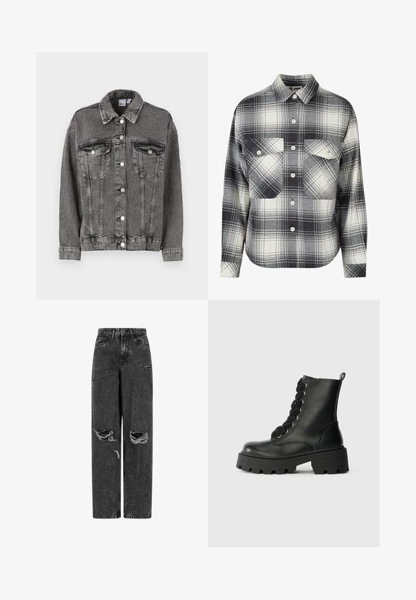 Veste en denim noir avec col, deux poches poitrine et fermetures à boutons. Elle présente une texture légèrement usée et une coupe décontractée.; Chemise en flanelle à carreaux noire, blanche et grise. Présente un devant à boutons, deux poches poitrine et des manches longues avec des poignets boutonnés.; Jean noir taille haute, large, avec des genoux déchirés et des détails usés sur fond blanc.; Bottine en cuir noir avec semelle épaisse, bout rond et talon surélevé. Présente des lacets noirs et des œillets en métal pour un maintien sécurisé.