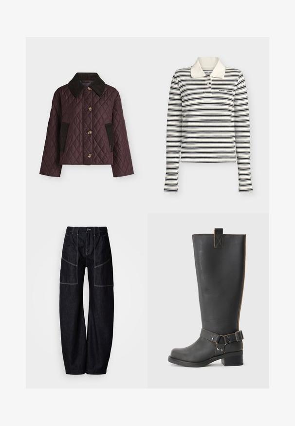 Veste courte matelassée brun foncé avec col en velours côtelé noir et poches, fermeture par boutons et motif de piqûres en losange.; Polo blanc à manches longues avec des rayures horizontales noires et deux boutons au col.; Pantalon large en denim foncé avec plusieurs poches à l'avant, surpiqûres contrastantes et fermeture par bouton à la taille. Texture lisse et design décontracté.; Bottes noires en cuir, montantes jusqu'au genou, avec une finition texturée, présentant une boucle sur le côté et un talon bas. Couture détaillée le long des coutures.