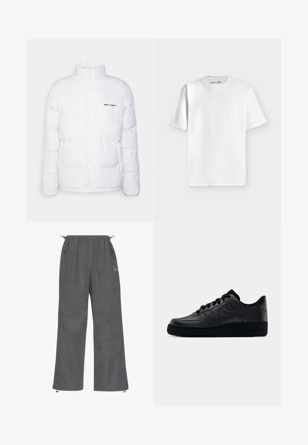 Night Addict NADAVISWH - Vinterjakker - white; Klassisk hvid T-shirt med korte ærmer og rund hals lagt fladt på en lysegrå baggrund med et lille mærke inde i halsudskæringen.; Grå, brede bukser lavet af blød stof. Har en elastisk talje, sidelommer og lynlåse ved anklerne. Enkelt design med minimal detaljer.; Sort Nike Air Force 1 sneaker med en glat læderoverdel, perforeret tå for åndbarhed, sorte snørebånd og en textured gummisål.