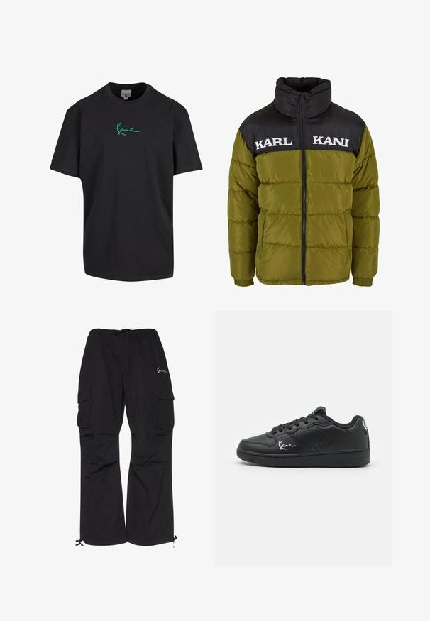 Groen en zwarte pufferjack met hoge kraag, volledige rits, elastische manchetten en twee voorkruiszakken. Bevat witte logo tekst op de borst.; Zwart katoenen t-shirt met korte mouwen en ronde hals. Bevat een groene "Kanye" handtekening graphic aan de voorkant. Effen achterkant en relaxed fit.; Zwarte cargobroek van lichtgewicht stof, met een elastische tailleband met koord, zijzakken en verstelbare manchetten.; Zwarte sneakers van synthetisch materiaal, met een geperforeerd ontwerp, platte veters, een rubberen zool en witte kenmerkaccenten.