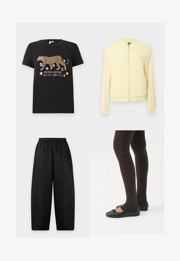 Gul bomberjakke med lynlås, ribbede manchetter og kant samt en rund krave. Fremstillet af glat stof med en let tekstur.; Sort bomulds T-shirt med leopardprint design og gyldne accenter. Har teksten "BLIV VILDE OG FRIE, men vær anderledes" under.; Sorte bukser med vide ben, elastisk talje og snøre, cropped længde, enkelt design uden synlige lommer eller mønstre.; Ben iført mørke ribbede leggings kombineret med sorte balletsko med små sløjfedetaljer på hvid baggrund.