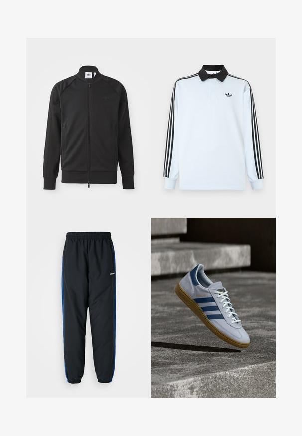 Sort atletisk zip-up jakke lavet af glat stof. Har en høj krave, raglanærmer, to sidelommer og et prægede logo på brystet.; Lyseblå langærmet poloshirt med sort krave, tre sorte striber på ærmerne og et lille sort logo på brystet.; Sorte atletiske bukser med elastisk talje, blå sideløb, lynlåslommer og tætsiddende benafslutninger for en stram pasform. Lavet af let materiale.; Lyseblå Adidas Spezial sneakers med marineblå striber og gummisål, vist i luften over betontrapper i et neutralt udendørsmiljø.