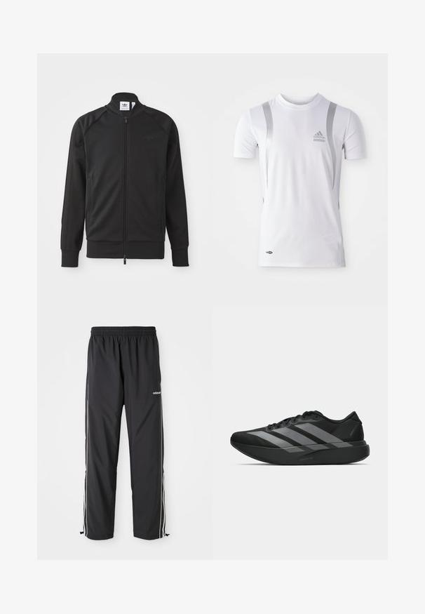 Veste zippée noire de sport en tissu lisse. Dotée d'un col haut, de manches raglan, de deux poches latérales et d'un logo embossé sur la poitrine.; T-shirt de sport blanc à manches courtes avec des accents argentés, présentant un col rond et un logo Adidas sur la poitrine. Fabriqué en tissu évacuant l'humidité.; Pantalons de sport noirs en tissu léger, avec des bandes blanches sur les côtés, une taille élastique et des poignets de cheville ajustables.; Chaussures de sport noires au design léger, présentant trois rayures grises marquées, une texture lisse et une semelle profilée.