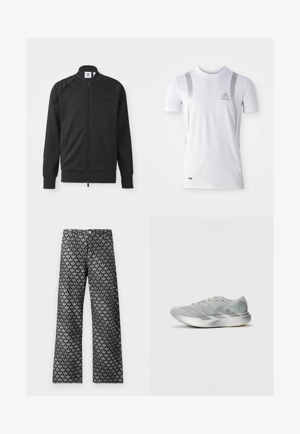 Zwarte sportieve zip-up jas van gladde stof. Kenmerkt zich door een hoge kraag, raglanmouwen, twee zijzakken en een reliëflogo op de borst.; Wit sportshirt met korte mouwen en zilveren accenten, met een ronde hals en een Adidas-logo op de borst. Gemaakt van vochtafvoerend materiaal.; Wijde broekspijpen in zwart en grijs met een gestructureerd bladmotief. Voorzien van het klassieke vijfzakkenontwerp en een metalen knoopsluiting.; Lichte grijze sport schoen met een slank ontwerp, voorzien van een gestructureerde bovenkant, drie diagonale strepen en een reflecterende zilveren zool.