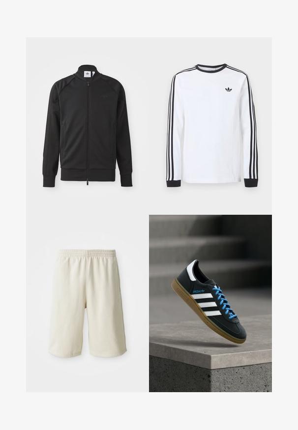 Chaqueta deportiva negra con cremallera, hecha de un tejido suave. Cuenta con un alto cuello, mangas raglán, dos bolsillos laterales y un logotipo en relieve en el pecho.; Camiseta blanca de manga larga de Adidas con cuello redondo negro, puños negros, tres rayas negras a lo largo de las mangas y logo negro de trébol en el pecho.; Pantalones cortos deportivos de color beige claro con una cintura elástica, textura suave y un sutil detalle del logo en la parte inferior izquierda. Sin bolsillos.; Zapatilla negra Adidas con franjas blancas, cordones azules y suela de goma flotando sobre un escalón de hormigón gris con luz suave.
