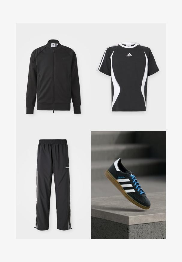 Schwarze sportliche Zip-Up-Jacke aus glattem Stoff. Sie verfügt über einen hohen Kragen, Raglanärmel, zwei seitliche Taschen und ein geprägtes Logo auf der Brust.; Schwarzes kurzärmeliges T-Shirt mit weißen Designakzenten und Adidas-Logo auf der Brust. Hergestellt aus weichem Baumwollmaterial mit Rundhalsausschnitt.; Schwarze Sporthose aus leichtem Material, mit weißen Seitenstreifen, einem elastischen Bund und verstellbaren Knöchelbündchen.; Schwarzer Adidas-Sneaker mit weißen Streifen, blauen Schnürsenkeln und Gummisohle, der über einer grauen Betontreppe im weichen Licht schwebt.