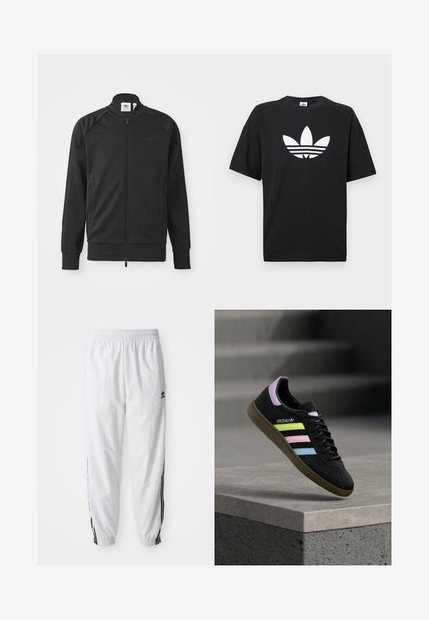 Mustan värvi sportlik tõmblukuülikond, mis on valmistatud siledast kangast. Sellel on kõrge krae, raglan varrukad, kaks küljetaskut ning rinnal on 3D-logo.; Must musta T-särk lühikeste varrukatega, millel on suur valge Adidas logo ja kolm horisontaalset triipu all. Klassikaline ümberkaela disain.; Valged sportlikud püksid mustade küljeribadega, elastne vöökoht ja sääreotsad; vasakul reiel Adidas logo. Sile kangatekstuur.; Must Adidas Spezial toss sinised, roosad ja kollased pastelltriipud, lavendlivärvilise kannaosaga ja pruun tallaga, hõljumas betoonserva kohal.
