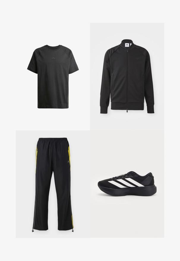 Chaqueta deportiva negra con cremallera, hecha de un tejido suave. Cuenta con un alto cuello, mangas raglán, dos bolsillos laterales y un logotipo en relieve en el pecho.; Camiseta de algodón negra con mangas raglán cortas, que presenta un sutil logo en relieve en el pecho y una textura suave en todo su diseño.; Pantalones deportivos negros con acentos laterales amarillos, cintura elástica y bolsillos laterales con cremallera. Hechos de una tela ligera y suave.; Zapatilla de correr negra con suela gruesa y tres rayas diagonales blancas en el lateral, vista desde el lado exterior.