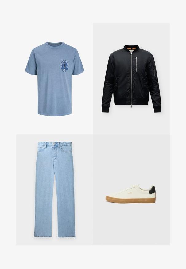 Black bomber jacket with front zipper, ribbed collar, cuffs, waistband, and zippered pockets on chest and sleeve.; Light blue short-sleeve t-shirt with small chest logo showing a surfer and text reading "Big Barrel Surfing Competition, Local Members Only."; Light blue high-waisted straight-leg denim jeans with front button, zip closure, and five-pocket design on white background.; White canvas sneaker with a gum sole, black heel accent, round toe, and lace-up design. Features brand logo in gold on the side.