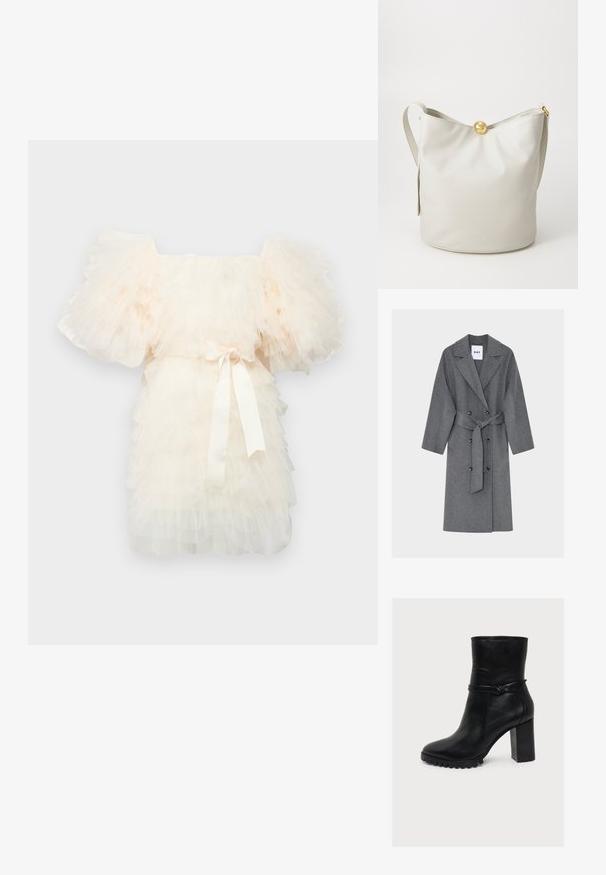 Hall villane mantel kahekordse nööpide reaga ees, suurte kraede, vööga talje ja pikkade varrukatega. Omaduseks on kaks suurt nuppu ja sile tekstuur.; Ida Sjöstedt EXCLUSIVE CRYSTAL DRESS - Kokteilikleit/peokleit - ivory; Must nahast pahkluu saabas massiivse kõrge kontsa, ümara nina, tekstureeritud talla ja pahkluu ümber käiva rihmadetailiga.; Kreemist nahast ämbritasku kuldse ringiklapiga, reguleeritava rihmaga ja sileda tekstuuriga, millel on minimaalne bränding põhjapäeval.