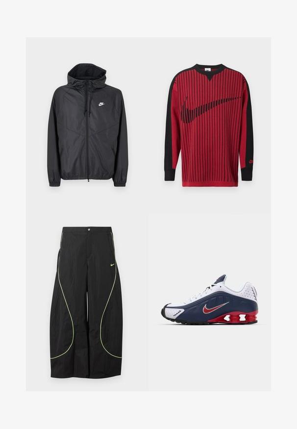 Sort Nike windbreakerjakke med hætte, lynlås foran, snoretræk, elastiske manchetter og hvidt logo på venstre bryst.; Rød strikket sweatshirt med sorte lodrette striber, sorte ærmer og en sort Nike-logo. Har rund hals og ribbet ærmekanter.; Sorte Nike bukser med brede ben, med neon-grøn buet piping og lille Nike swoosh-logo på højre lår, knap- og lynlåslukning i taljen.; Hvide og marineblå atletiske sko med røde detaljer, netpaneler, polstret krave og et særpræget såledesign med synlige støddæmpningsenheder.