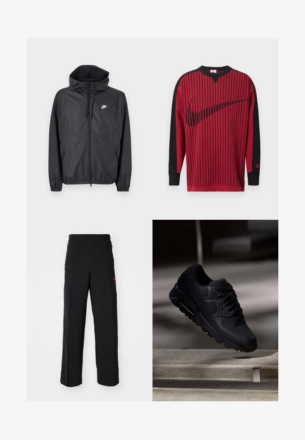 Must Nike tuulekindel jakk kapuutsiga, esines tõmblukk, nöörid, elastsed varrukapärastused ja valge logo vasakul rinnal.; Punane kootud dressipluus mustade vertikaalsete triipude, mustade varrukate ja musta Nike logoga. Omadused: ümara kaelusega ja soonikkoes varrukasäärtega.; Mustad spordipüksid, millel on lahti istuv lõige, tõmblukuga punased aktsendid ja küljetaskud. Kangas näib olevat pehme ja sile tekstuur.; Mustade Nike Air Max 90 spordijalatsid, millel on tekstuuriga võrkkanga pealispind, siledad nahkaktsenti, pehme kaelus ja nähtav õhukaitse taldades.