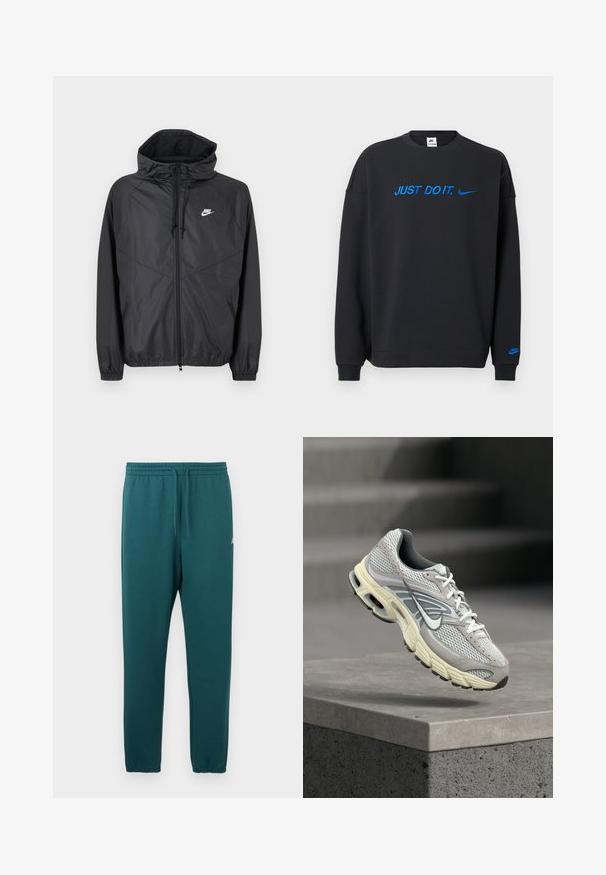 Μαύρο αδιάβροχο μπουφάν Nike με κουκούλα, εμπρόσθιο φερμουάρ, κορδόνια ρύθμισης, ελαστικά μανίκια και λευκό λογότυπο στο αριστερό στήθος.; Μαύρο φούτερ από μαλακό ύφασμα με μπλε κείμενο "JUST DO IT." και λογότυπο Nike στο στήθος και στο μανίκι. Κλασικός σχεδιασμός με στρογγυλή λαιμόκοψη.; Παντελόνι φόρμας σε τιρκουάζ χρώμα, κατασκευασμένο από απαλό ύφασμα, με ελαστική μέση και κορδόνι, καθώς και στενές μπατζάκια με ελαστικά τελειώματα.; Γκρι και λευκό παπούτσι τρεξίματος Nike με μαξιλαρωμένη σόλα, αιωρούμενο πάνω από μια σκυρόδετη σκάλα σε υπαίθριο χώρο.