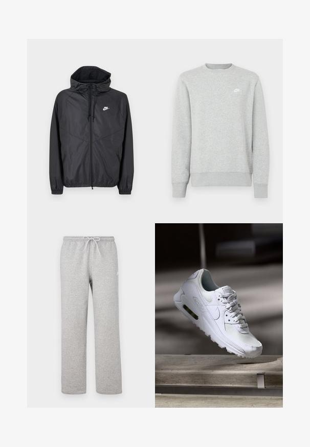 Sort Nike windbreakerjakke med hætte, lynlås foran, snoretræk, elastiske manchetter og hvidt logo på venstre bryst.; Grå sweatshirt lavet af blødt fleece-materiale, med ribstrikkede manchetter og kant, samt et lille hvidt Nike-logo på brystet.; Grå joggingbukser med elastisk talje og snor. Fremstillet af blødt stof, de har lige ben og diskret logodetalje.; Hvide Nike Air Max 90 sneakers med en overdel i mesh og læder, perforeret tåboks og en synlig luftenhed i hælen.