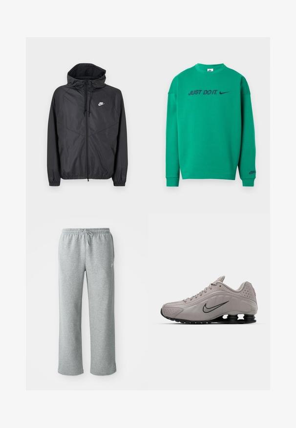 Sort Nike windbreakerjakke med hætte, lynlås foran, snoretræk, elastiske manchetter og hvidt logo på venstre bryst.; Grøn bomuldssweatshirt med rund halsudskæring. Har teksten "JUST DO IT." og Nike-logo i marineblåt på tværs af brystet. Lange ærmer.; Grå bomulds sweatpants med elastisk talje, snorelukning og lige ben. Har et lille logo på den øverste venstre side.; Lys grå atletisk sko med en formet overdel, teksturerede accenter, sort sål og et fremtrædende Nike swoosh i mørkegrå. Har perforeringer.