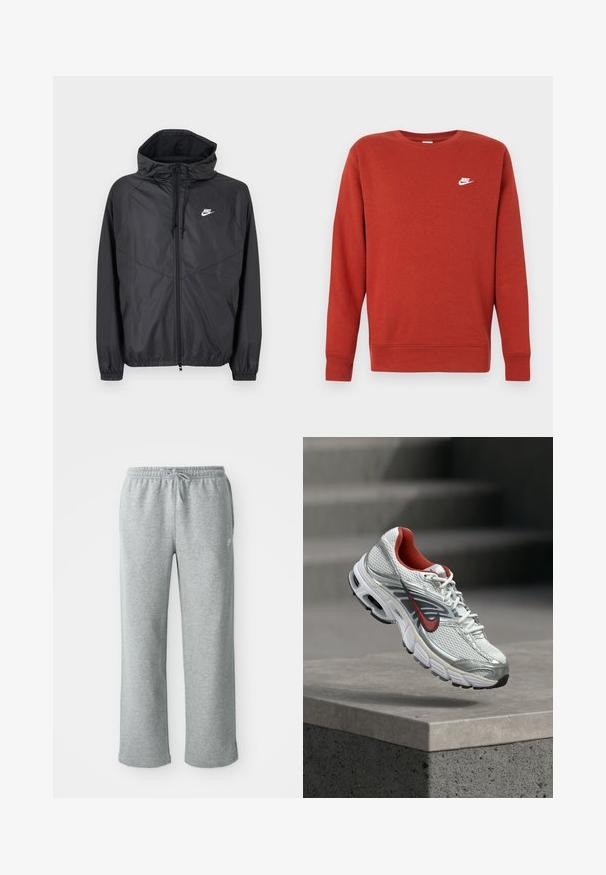Veste coupe-vent Nike noire avec capuche, fermeture éclair à l'avant, cordons de serrage, poignets élastiques et logo blanc sur le côté gauche de la poitrine.; Sweat-shirt en coton rouge à manches longues avec poignets côtelés. Présente un petit logo blanc Nike sur le haut à gauche de la poitrine. Design classique à col rond.; Pantalons de survêtement en coton gris avec une taille élastique, fermeture à cordon et jambes droites. Comprend un petit logo sur le côté supérieur gauche.; Chaussure de running Nike blanche et argentée avec des accents rouges flottant au-dessus d’un rebord en béton, mettant en valeur ses détails latéraux et de la semelle.