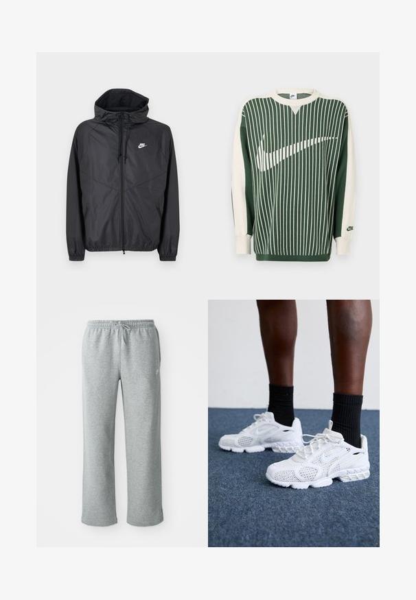 Zwarte Nike windbreaker jas met capuchon, ritssluiting aan de voorkant, trekkoorden, elastische manchetten en wit logo op de linkerborst.; Groene en crèmekleurige gebreide trui met verticale strepen, voorzien van een groot wit Nike-logo, geribbelde boorden en een ronde hals.; Grijze katoenen sweatpants met een elastische tailleband, trekkoordsluiting en rechte pijpen. Bevat een klein logo op de bovenste linkerkant.; Witte sportieve schoenen met een bovenkant van mesh, gemêleerde accenten en een gevoerde zool. Samengesteld met zwarte geribde enkelsokken op een blauwe tapijtvloer.