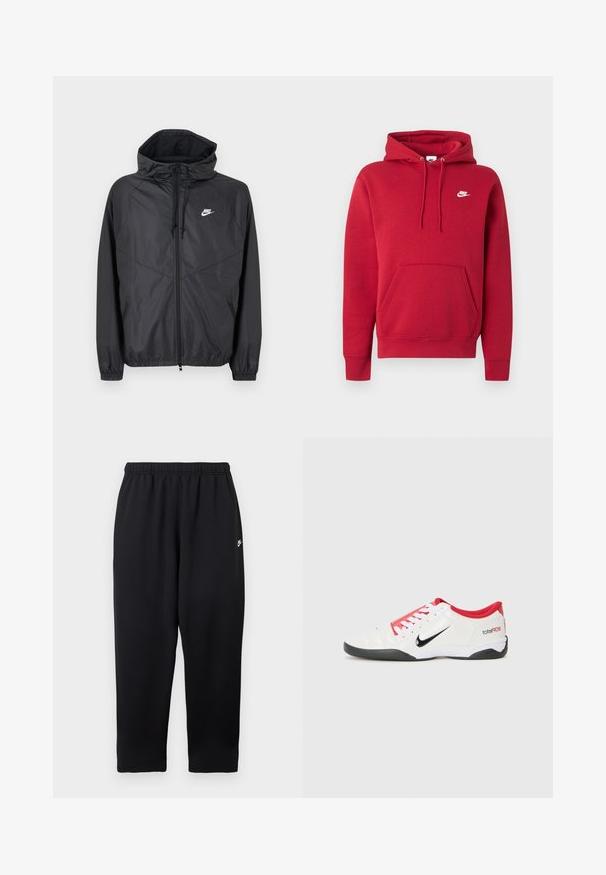 Μαύρο αδιάβροχο μπουφάν Nike με κουκούλα, εμπρόσθιο φερμουάρ, κορδόνια ρύθμισης, ελαστικά μανίκια και λευκό λογότυπο στο αριστερό στήθος.; Κόκκινο φούτερ Nike με μπροστινή τσέπη καγκουρό, ρυθμιζόμενο σκουφάκι με κορδόνι και λευκό λογότυπο Nike στο αριστερό στήθος.; Μαύρο παντελόνι φόρμας με ελαστική μέση, με μικρό λευκό λογότυπο στην αριστερή πλευρά. Κατασκευασμένο από απαλό, ελαφρύ ύφασμα. Σχεδιασμός με ίσια γραμμή στα πόδια.; Λευκό αθλητικό παπούτσι με κόκκινες λεπτομέρειες, μαύρο λογότυπο Swoosh και υφασμάτινο σχέδιο. Διαθέτει λευκές κορδόνες και μαύρη σόλα. Το κείμενο αναγράφει "total90".