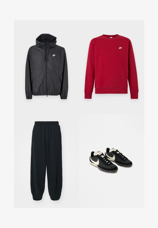 Sort Nike windbreakerjakke med hætte, lynlås foran, snoretræk, elastiske manchetter og hvidt logo på venstre bryst.; Rød langærmet crewneck-sweatshirt med lille hvidt Nike-logo på øverste venstre bryst, ensfarvet design, ribstrikkede manchetter og kant.; Sorte svedbukser med elastisk talje, løs pasform, afsluttede ankler, glat tekstur og uden synlige mønstre eller hardware-detaljer.; Sorte sportssko med en struktureret overdel, hvid swoosh-logo og gummisål med små stik til trækkraft. Elfenbensfarvet krave.