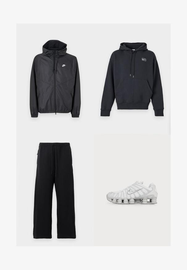 Chaqueta cortavientos negra de Nike con capucha, cremallera frontal, cordones, puños elásticos y logo blanco en el pecho izquierdo.; Sudadera negra de Nike con bolsillo frontal tipo canguro, capucha con cordón y pequeño logo blanco en el pecho izquierdo sobre un fondo neutro.; Pantalones de chándal negros hechos de una tela suave, con cintura elástica ajustable, diseño de pierna ancha y bolsillos laterales con una textura lisa.; Zapatilla de running blanca Nike con suela visible con amortiguación de aire y logo swoosh plateado en el lateral, mostrada desde el lado exterior.