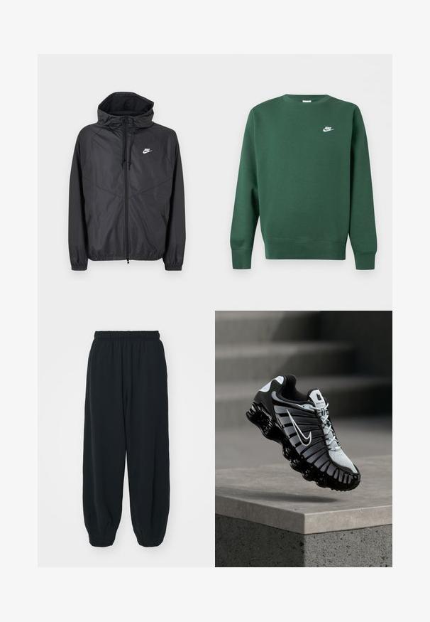 Sort Nike windbreakerjakke med hætte, lynlås foran, snoretræk, elastiske manchetter og hvidt logo på venstre bryst.; Mørkegrøn crewneck sweatshirt med lange ærmer og lille hvid Nike-logo på venstre bryst.; Sorte svedbukser med elastisk talje, løs pasform, afsluttede ankler, glat tekstur og uden synlige mønstre eller hardware-detaljer.; Sort og hvid Nike løbesko svævende over en betonoverflade med en trappet stens baggrund.