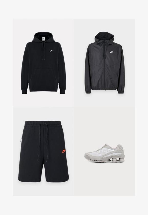 Sort Nike windbreakerjakke med hætte, lynlås foran, snoretræk, elastiske manchetter og hvidt logo på venstre bryst.; Sort Nike-hættetrøje med frontlomme, snøre i hætten og lille hvid Nike-logo på venstre bryst.; Sorte Nike-shorts med elastisk talje, snøre, sidelommer og lille orange Nike-logo på venstre lår.; Grå og hvid atletiksko med synlig luftpolstret sål og mesh-paneler, vist i profil på en ensartet lys baggrund.