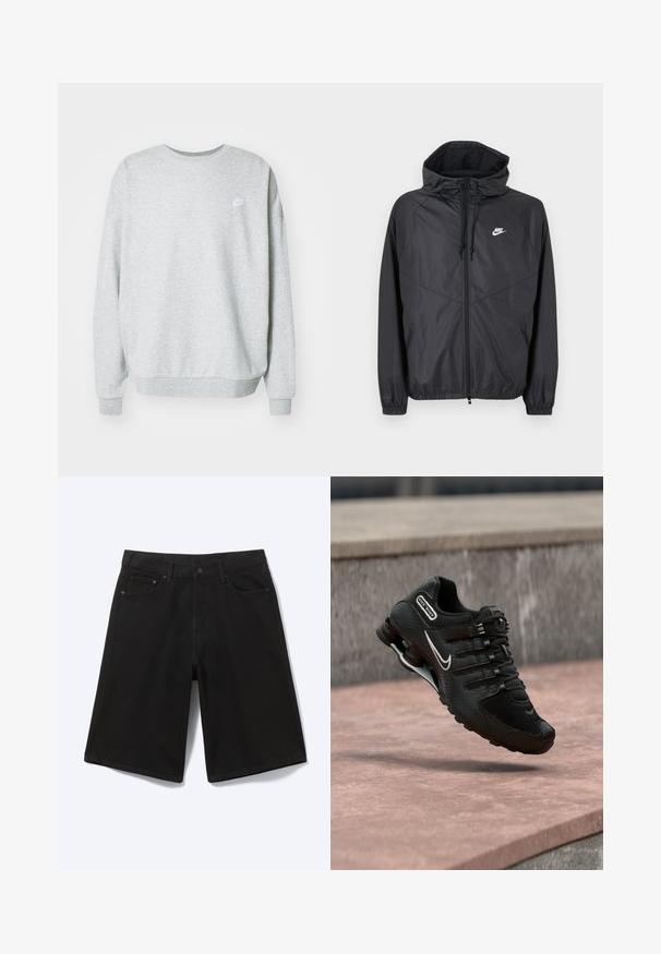 Chaqueta cortavientos negra de Nike con capucha, cremallera frontal, cordones, puños elásticos y logo blanco en el pecho izquierdo.; Sudadera gris hecha de una mezcla de algodón, con un cuello redondo, hombros caídos y un pequeño logo blanco en el pecho.; Pantalones cortos vaqueros negros hasta la rodilla con botón frontal, trabillas para cinturón y cinco bolsillos, mostrados sobre un fondo blanco.; Zapatilla de running Nike Shox negra con logo Swoosh blanco, en el aire sobre una superficie de hormigón rosada frente a una pared de piedra gris.