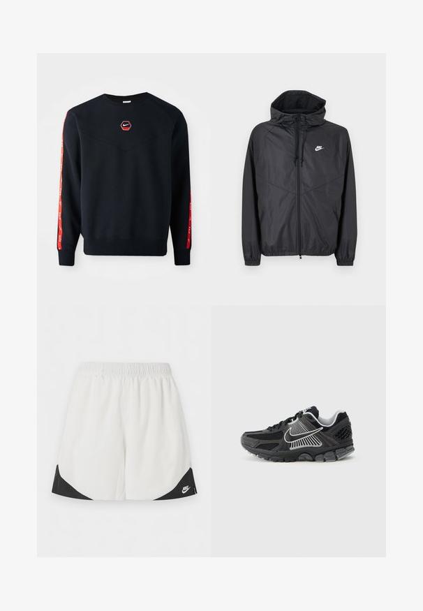 Must Nike tuulekindel jakk kapuutsiga, esines tõmblukk, nöörid, elastsed varrukapärastused ja valge logo vasakul rinnal.; Tumed sweatshirt, millekute punane Nike logo rinnal. Hõlmab punaseid aktsente varrukatel ja tekstureeritud pehmet kangast.; Valged spordipüksid elastse vöökohaga ja mustad kolmnurkse kujuga paneelid jalaava kohal, paremal küljel valge Nike logo.; Mustad spordijalats võrgust paneelide ja sünteetiliste detailidega. Omab ümarat varvast, paksu pehmendusega tallaplaati ning kontrastset valget logodetaili.
