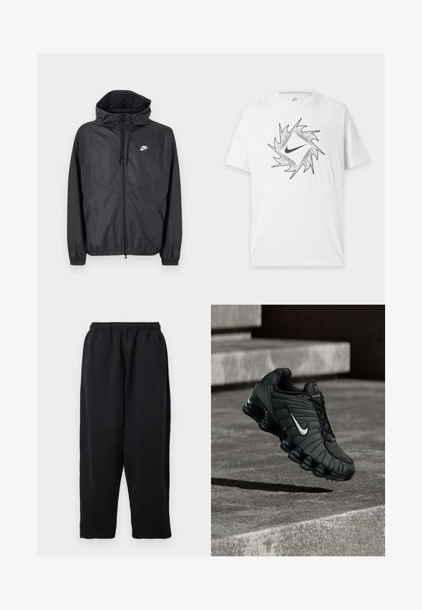Μαύρο αδιάβροχο μπουφάν Nike με κουκούλα, εμπρόσθιο φερμουάρ, κορδόνια ρύθμισης, ελαστικά μανίκια και λευκό λογότυπο στο αριστερό στήθος.; Λευκό κοντομάνικο T-shirt Nike με μαύρο αφηρημένο κυκλικό σχέδιο και κεντρικό λογότυπο Nike swoosh στο εμπρόσθιο μέρος.; Μαύρο παντελόνι φόρμας από απαλό ύφασμα, με ελαστική μέση, φαρδιές πόρπες και πλαϊνές τσέπες με διακριτικές μπλε λεπτομέρειες.; Αθλητικό παπούτσι Nike σε σκούρο πράσινο, με λείο συνθετικό άνω μέρος, υφή από διχτυωτό υλικό, μαύρα κορδόνια και γυαλιστερή σόλα με αεροθάλαμο.