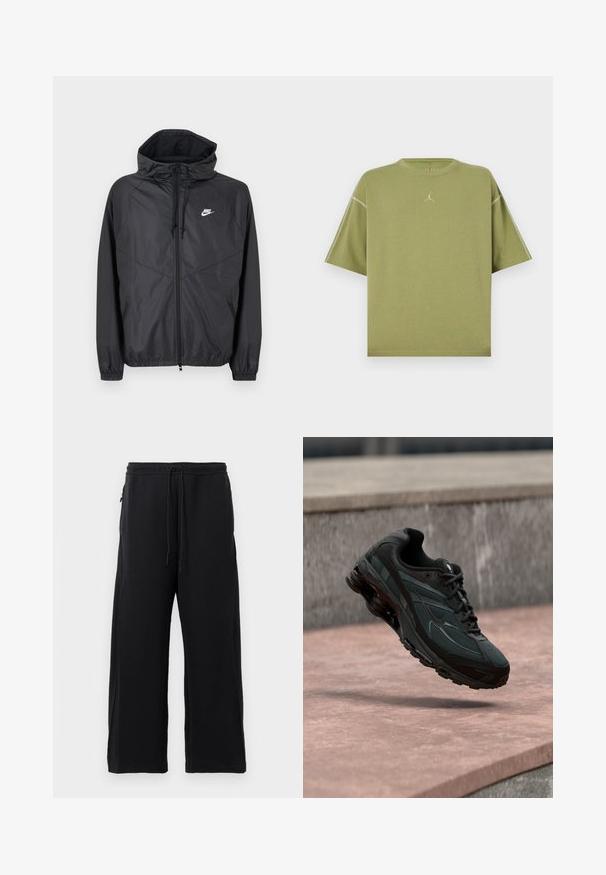 Čierna vetrovka Nike s kapucňou, predným zipsom, sťahovacími šnúrkami, elastickými manžetami a bielym logom na ľavej strane hrudníka.; Olivovo zelené oversize tričko s krátkym rukávom, s okrúhlym výstrihom a malým našitým logom na strede hrudníka.; Čierne tepláky z jemného materiálu, s nastaviteľným pásom, širokým strihom a bočnými vreckami s hladkým povrchom.; Čierna atletická teniska s viditeľnou medzipodrážkou s air cushioning, ktorá visí nad ružovým kamenným povrchom s pozadím sivej kamennej steny.