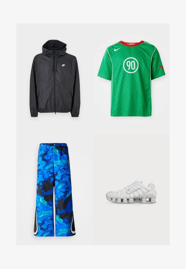 Schwarze Nike Windbreaker-Jacke mit Kapuze, Frontreißverschluss, Kordelzug, elastischen Bündchen und weißem Logo auf der linken Brust.; Grünes Nike-Sportshirt mit kurzen Ärmeln, weißen Akzenten, gepunktetem Muster und einem runden weißen "90"-Logo in der Mitte. Roter Kragen.; Blaue und schwarze, abstrakt gemusterte, weit geschnittene Hose mit elastischem Bund und seitlichen Reißverschlusstaschen auf einem einfarbigen Hintergrund.; Weißer Nike Laufschuh mit sichtbarer luftgepolsterter Sohle und silbernem Swoosh-Logo an der Seite, von der Außenseite gezeigt.