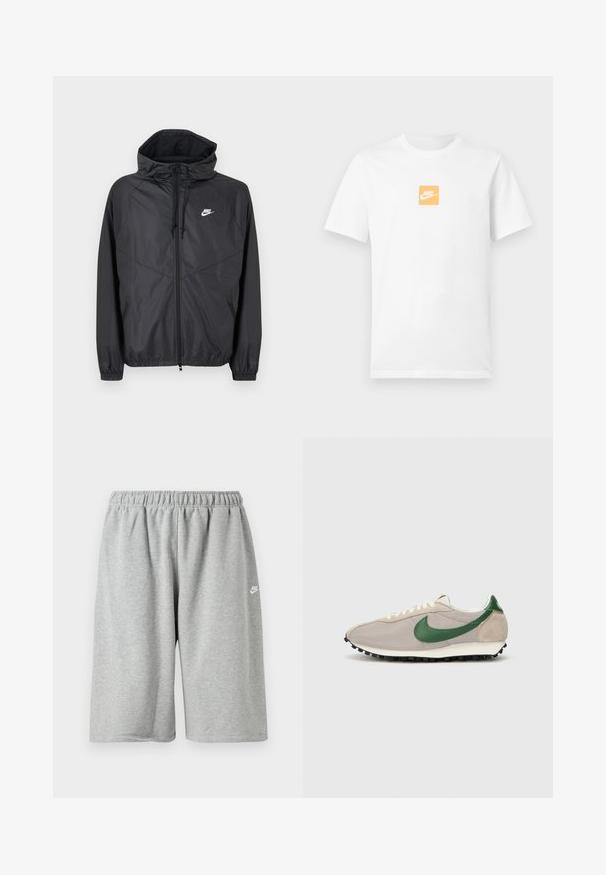 Sort Nike windbreakerjakke med hætte, lynlås foran, snoretræk, elastiske manchetter og hvidt logo på venstre bryst.; Hvid kortærmet bomuldst-shirt med lille orange firkant på brystet, der har hvidt Nike-logo og swoosh.; Grå bomuldsshorts med elastik i taljen, med løs pasform og et lille hvidt logo nær kanten. Glat tekstur, længde over knæet.; Beige løbesko med grønne ruskindsdetaljer, struktureret mesh-overdel, cremefarvede snørebånd og sort gummisål med trækkraftsstifter.