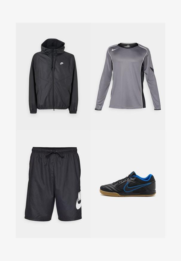 Schwarze Nike Windbreaker-Jacke mit Kapuze, Frontreißverschluss, Kordelzug, elastischen Bündchen und weißem Logo auf der linken Brust.; Langärmliges Funktionsshirt in Grau mit schwarzen Akzenten. Hergestellt aus glattem, leichtem Stoff. Verfügt über weiße Paspelierung an den Schultern.; Schwarze Badehorts aus leichtem Material, ausgestattet mit einem elastischen Bund und Kordelzug sowie einem großen weißen Nike-Logo am linken Bein.; Schwarze Sportschuhe mit blauen Akzenten, strukturierter Synthetik-Oberfläche, Schnürverschluss und Gummisohle. Merkmale ein auffälliges Logo-Detail an der Seite.