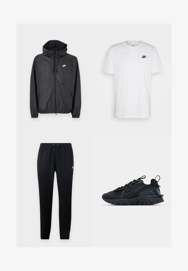 Sort Nike windbreakerjakke med hætte, lynlås foran, snoretræk, elastiske manchetter og hvidt logo på venstre bryst.; Hvid bomulds T-shirt med rund hals, korte ærmer og et sort Nike-logo på venstre bryst. Enkel, ensfarvet design.; Sorte sweatshirtbukser lavet af blødt stof, med elastisk talje og snoretræk, ribbede ankler og en lille logo-detalje på siden.; Sort atletisk sko med en åndbar mesh-overdel, teksturerede detaljer og en bølget gummisål. Har reflekterende logo og snørresystem.