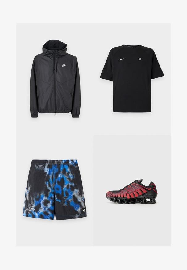 Schwarze Nike Windbreaker-Jacke mit Kapuze, Frontreißverschluss, Kordelzug, elastischen Bündchen und weißem Logo auf der linken Brust.; Schwarzes Nike-Sportshirt mit kurzen Ärmeln, weißem Swoosh-Logo auf der linken Brust und kleinem quadratischem Emblem auf der rechten Brust, einfarbiger Hintergrund.; Schwarze Sportshorts mit blauem und grauem abstraktem Muster, elastischem Bund und Nike Air-Logos an der unteren linken und rechten Seite.; Schwarze und rote Sportschuhe verfügen über ein Mesh-Obermaterial mit vertikalen Streifen und einem gepolsterten Kragen, unterstützt von einer markanten, segmentierten Sohle.