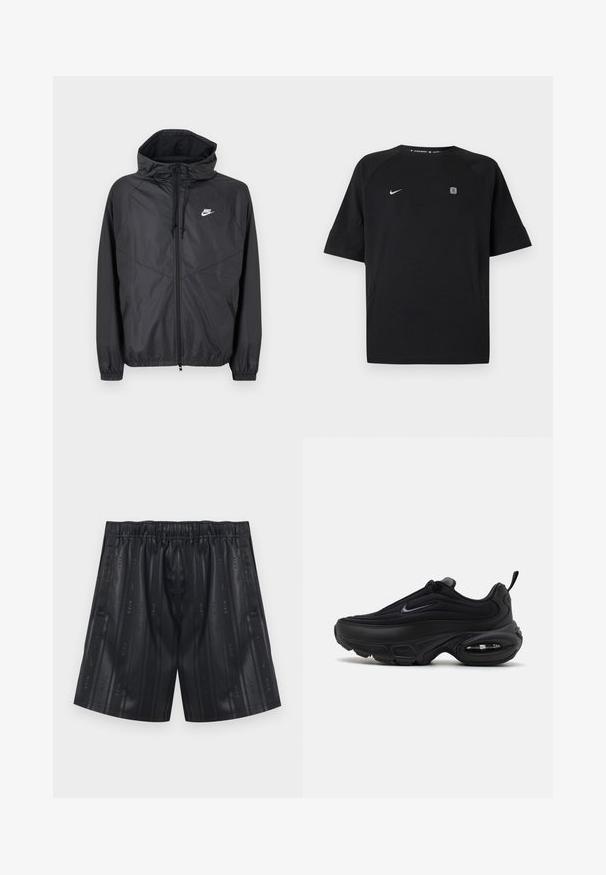 Sort Nike windbreakerjakke med hætte, lynlås foran, snoretræk, elastiske manchetter og hvidt logo på venstre bryst.; Sort Nike sportstrøje med korte ærmer med hvid swoosh-logo på venstre bryst og lille firkantet emblem på højre bryst, ensfarvet baggrund.; Sorte atletikshorts med elastisk taljebånd og lodrette, subtile striber med gentagne "Nike"-logoer og swoosh-symboler.; Sort atletiksko med en glat, struktureret overdel. Har en rund tå, polstret krave og synlig luftdæmpning i sålen.