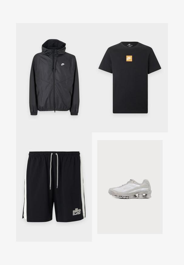 Μαύρο αδιάβροχο μπουφάν Nike με κουκούλα, εμπρόσθιο φερμουάρ, κορδόνια ρύθμισης, ελαστικά μανίκια και λευκό λογότυπο στο αριστερό στήθος.; Μαύρο μπλουζάκι Nike με κοντά μανίκια, με ένα μικρό πορτοκαλί τετράγωνο λογότυπο και άσπρο λογότυπο Nike στην κεντρική θέση του στήθους.; Μαύρο αθλητικό σορτς Nike με λευκές ρίγες στο πλάι και λευκή κορδόνι στη μέση, με γκρι λογότυπο Nike στο μπροστινό αριστερό πόδι.; Αθλητικό παπούτσι ανοιχτό γκρι και λευκό με ορατή αμορτισέρ που μοιάζει με ελατήριο στη σόλα και επάνω μέρος από διχτυωτό ύφασμα.