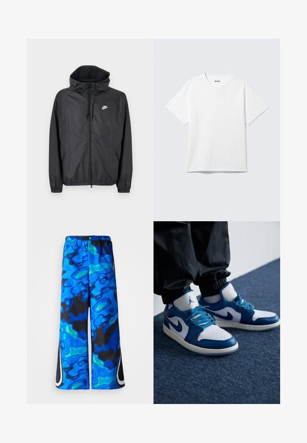 Zwarte Nike windbreaker jas met capuchon, ritssluiting aan de voorkant, trekkoorden, elastische manchetten en wit logo op de linkerborst.; Witte T-shirt met korte mouwen en ronde hals, plat gelegd, effen ontwerp, met een "WEEKDAY" label in de kraag op een lichte achtergrond.; Blauwe en zwarte abstracte patroon wijde broek met elastische tailleband en rits zijzakken op een effen achtergrond.; Nike Air Jordan sneakers hebben een witte leren basis met blauwe synthetische accenten, een geperforeerde neusdoos en blauwe veters.