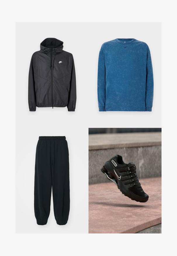Veste coupe-vent Nike noire avec capuche, fermeture éclair à l'avant, cordons de serrage, poignets élastiques et logo blanc sur le côté gauche de la poitrine.; Sweatshirt bleu à manches longues en coton délavé avec un col rond et un petit logo noir de Nike sur la poitrine. Texture subtile sur l'ensemble.; Pantalons de survêtement noirs avec taille élastiquée, coupe ample, chevilles côtelées, texture lisse et sans motifs ni accents matériels visibles.; Chaussure de running Nike Shox noire avec logo swoosh blanc, en l'air au-dessus d'une surface en béton rosée devant un mur en pierre gris.