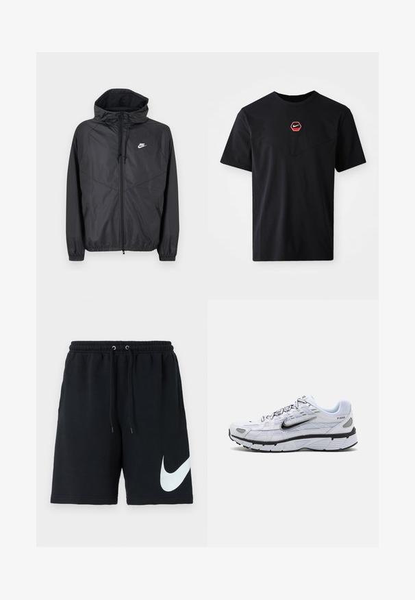 Čierna vetrovka Nike s kapucňou, predným zipsom, sťahovacími šnúrkami, elastickými manžetami a bielym logom na ľavej strane hrudníka.; Čierne tričko s krátkym rukávom z bavlny, s červeno-bielym šesťuholníkovým logom Nike na hrudi a zaobleným výstrihom.; Čierne bavlnené šortky s elastickým pásom, šnúrkou, bočnými vreckami a veľkým bielym logom Nike potlačeným na ľavej strane.; Biele bežecké topánky s textilným zvrškom, zaoblenou špičkou, čiernymi akcentmi a vzorovanou podrážkou. Obsahujú šnurovanie a značku na boku.