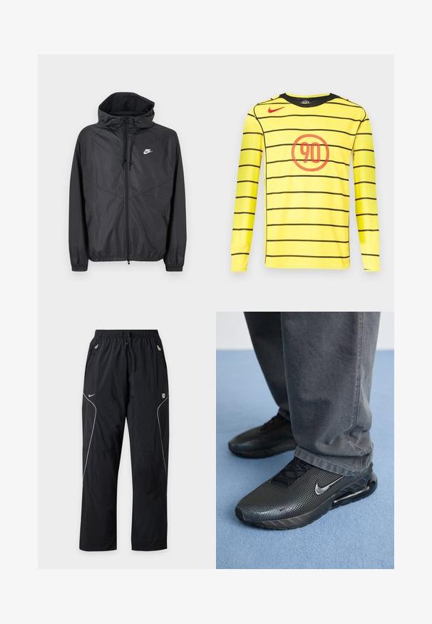 Čierna vetrovka Nike s kapucňou, predným zipsom, sťahovacími šnúrkami, elastickými manžetami a bielym logom na ľavej strane hrudníka.; Žltá košeľa s dlhým rukávom a čiernymi vodorovnými pruhmi, so červenou kruhovou grafikou so značkou "90" v strede a čiernym výstrihom.; Čierne športové nohavice Nike s elastickým pásom, sťahovacou šnúrkou, zipsovými bočnými vreckami a bielymi reflexnými detailmi na nohaviciach.; Čierne atletické topánky Nike s textúrovaným zvrškom, perforovanými detailmi a viditeľnou vzduchovou tlmiacou jednotkou, skombinované so šedými nohavicami.