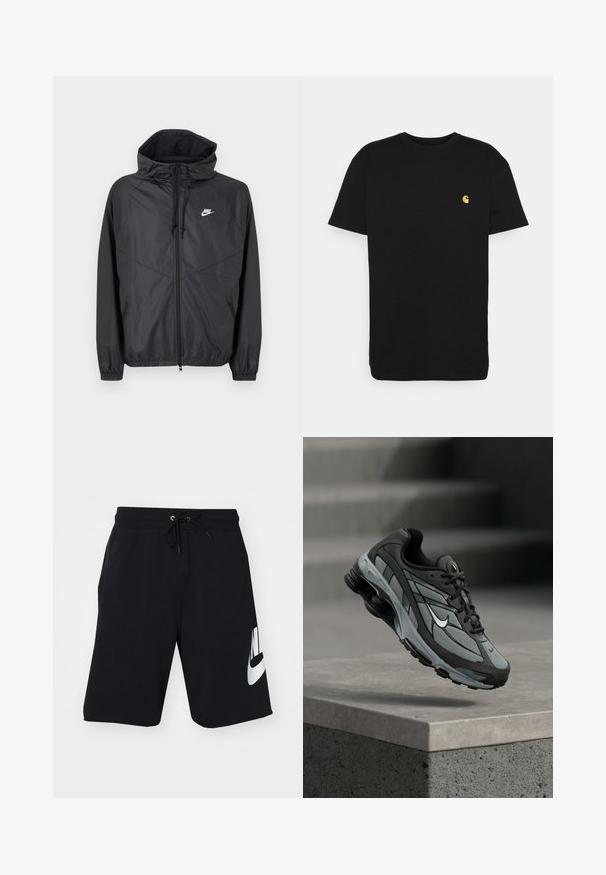 Black Nike windbreaker jacket with hood, front zipper, drawstrings, elastic cuffs, and white logo on the left chest.; Black cotton t-shirt with short sleeves, crew neck, and a small yellow logo on the left chest area. Simple design and regular fit.; Black cotton shorts with a drawstring waist, side pockets, and large white Nike logo printed on the left thigh. Classic athletic design.; Gray and black athletic sneaker with mesh panels and thick sole, positioned mid-air above a concrete ledge and stairs in the background.
